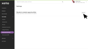Work-based learning Settings page. There's a section for "Student-created opportunities". The cursor is clicking "Manage" next to it